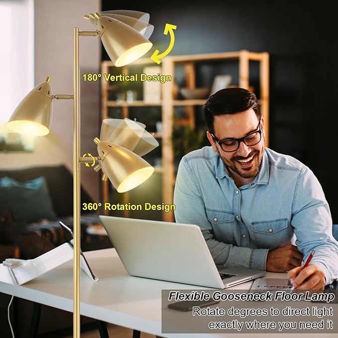Tree Floor Lamp for Living Room, Industrial 3-Light Standing Lamp with 3 LED Bulbs, Adjustable Rotation Heads, Standing Tall Pole Lamp Farmhouse Rustic Reading Lamps for Bedroom Office (Gold)