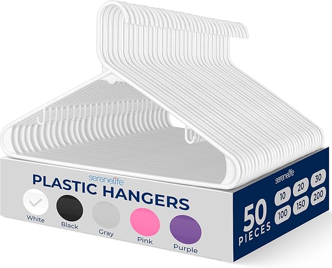 SereneLife 50 Pack Plastic Hangers, Non-Slip, Space-Saving Closet Organizers, Durable and Strong for Shirts, Sweaters, Hoodies, Kids Clothes & Dresses, Ultra-Thin, Lightweight