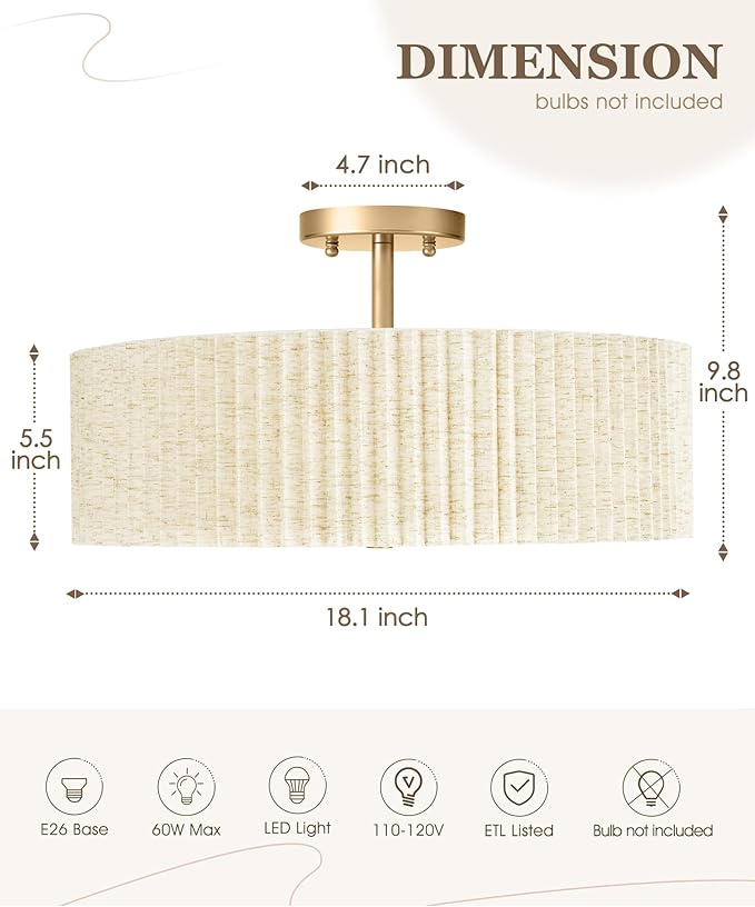 Semi Flush Mount Ceiling Lights, 4-Light 18" Gold Light Fixtures Ceiling Mount with Pleated Linen Fabric Shade, Drum Lighting Fixture for Nursery Hallway Bedroom Kitchen, AD-25036-4SF-GD-B