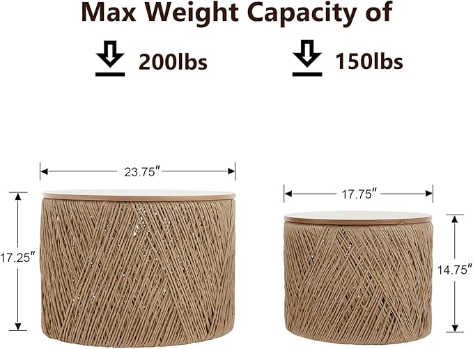 Kmax 24" Round Wood Nesting Coffee Table Set of 2 Handcraft Woven & Rope Rattan Sofa Tables Both with Storage Drum End Side Table for Small Space Living Room No Assembly Needed, Natural Color