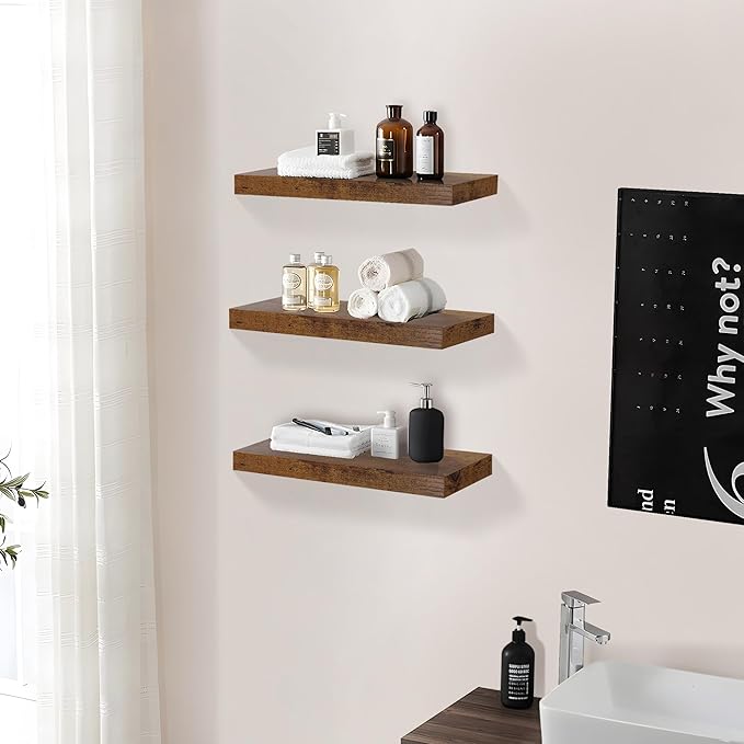 Floating Shelves for Wall Decor Set of 3, 15 Inch Wall Mounted Floating Shelf with Invisible Brackets, Rustic Wood Storage Shelf for Bathroom, Bedroom, Kitchen, Office, or Living Room, Rustic Brown