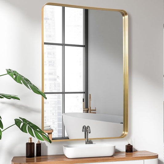 Wall Mirror 30" x 40" for Bathroom Gold Metal Deep Frame Rectangular Round Corner Wall Mounted Vanity Mirror for Bedroom Living Room Entryway Wall Decor