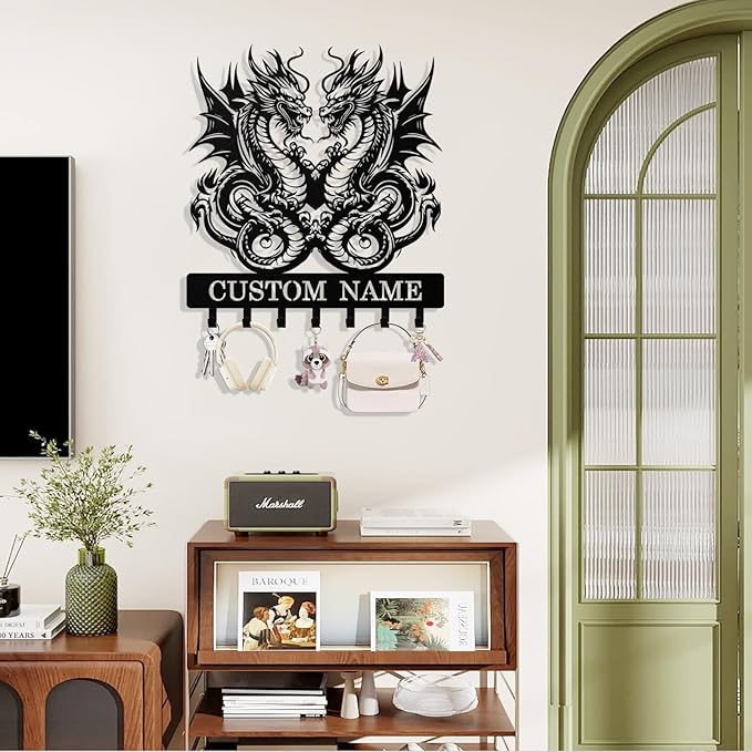 Personalized Dragon Key Holder Wall Mount, Custom Metal Keys Hanger for Wall with Name, Custom Key Rack Holder with Hooks for Home, Entryway, Front Door, Living Room, Kitchen, Bathroom