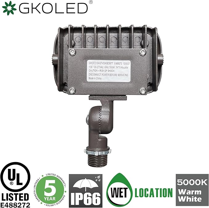 GKOLED 15W LED Floodlight, Outdoor Security Fixture, 1500 Lumens, 50W MH Equivalent, 5000K Daylight White, 120-277V, UL-Listed (2 Pack)