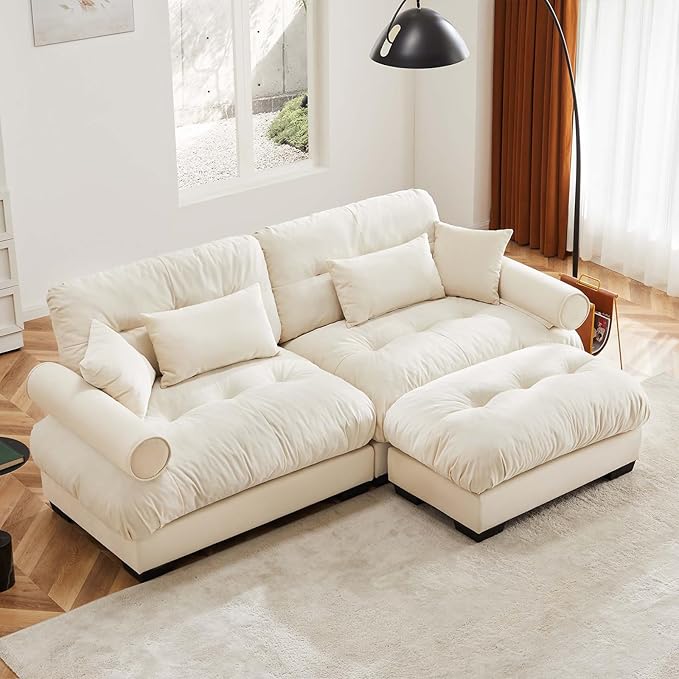 93.7" Loveseat Sofa, 2 Seater Modular Sectional Sofa, Beige White Large L Shaped Sectional Couches for Living Room, Fluffy Couch, Love Seat, Velvet Cloud Couch with Ottoman, Deep Seat for Living Home