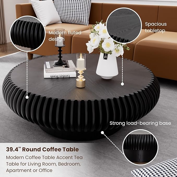 Round Drum Coffee Table for Living Room, Mid Century Modern Coffee Table with Sturdy Pedestal, Farmhouse Fluted Circle Center Table Accent Tea Table for Apartment (Large Black)
