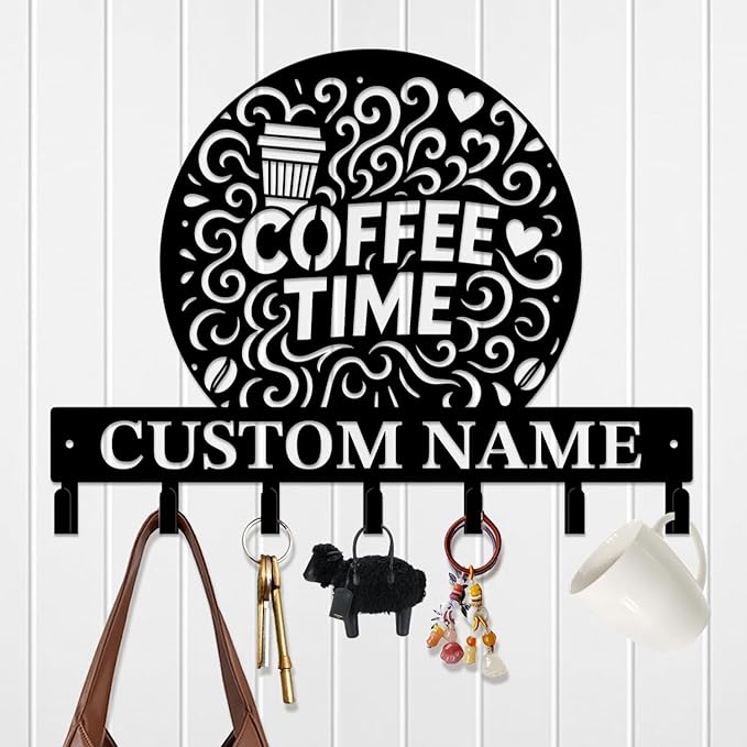 Coffee Bar Keys Holder - Metal Iron Wall Hooks with Custom Name | Personalized Home Decor & Gift Idea | Coffee-Themed Text Engraving Design (Style H)