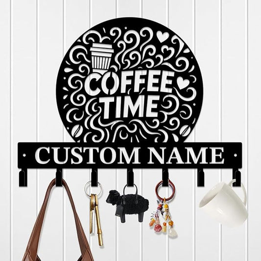 Coffee Bar Keys Holder - Metal Iron Wall Hooks with Custom Name | Personalized Home Decor & Gift Idea | Coffee-Themed Text Engraving Design (Style H)
