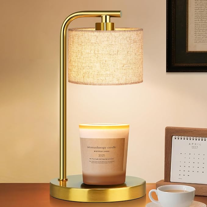 Candle Warmer Lamp with Timer Dimmer, Candle Lamp Warmer with Linen Shade - Birthday House Warming Gift for Women Mom Her - New Home Decor for Bedroom with 2 Bulbs (Gold)