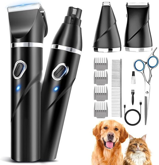 4 in 1 Dog Clippers for Grooming Thick Hair, 2000mAh Heavy Duty Dog Grooming Kit, 2-Speed Low Noise Dog Paw Trimmer with Nail Grinder for Body, Paws, Nail, Face, Ears, Legs