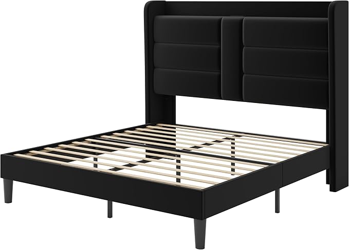 SHA CERLIN Full Size Bed Frame with Charging Station & Storage Headboard, Velvet Platform Bed with Upholstered Modern Wingback Design, Wooden Slats Support, No Box Spring Needed, Easy Assembly, Black