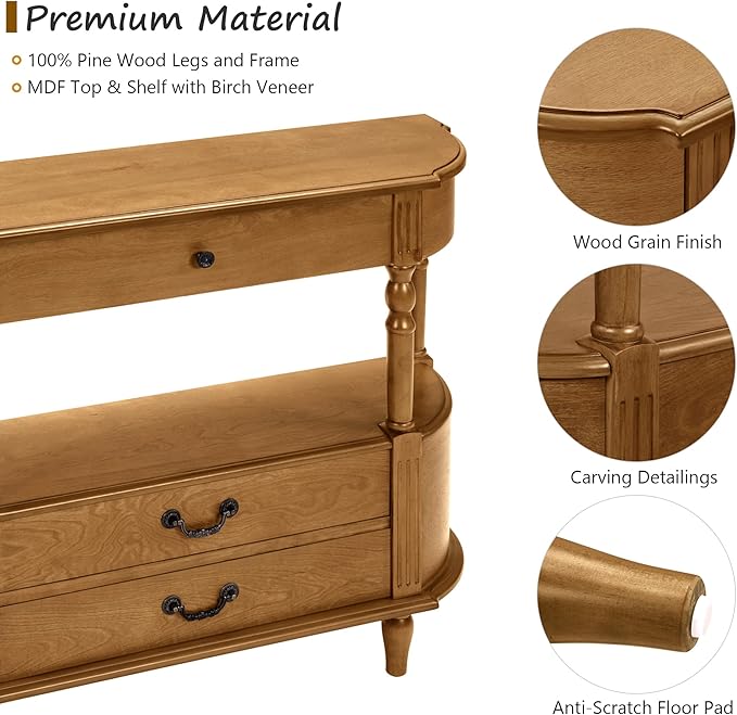 Amposei Retro Curved Entryway Console Table 43’’ Wood Half Moon Slim Entry Sofa Table with Drawers and Storage Shelf for Living Room Entrance Hallway Bedroom, Brown