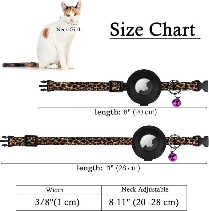 Airtag Cat Collar with Bell - Non Breakaway Soft Pet Collar with Leather Air Tag Holder - Adjustable GPS Anti-Lost Collars for Girl Boy Cats Kitten Puppies, Lightweight and Patterned (Leopard)