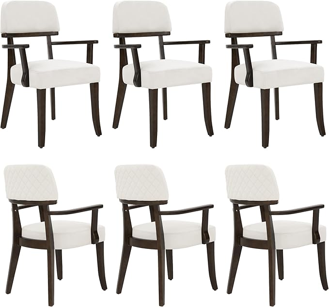 Modern Wood Dining Chairs with Arms Set of 6, Velvet Upholstered Kitchen Chairs with Open Curved Backrest & Black Hardwood Legs, Accent Chairs 350 LBS Capacity, White