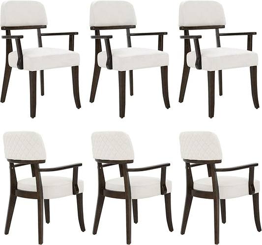 Modern Wood Dining Chairs with Arms Set of 6, Velvet Upholstered Kitchen Chairs with Open Curved Backrest & Black Hardwood Legs, Accent Chairs 350 LBS Capacity, White
