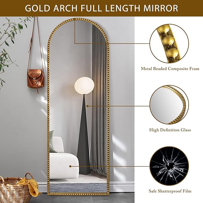 Arch Full Length Mirror with Stand, 65"x22" Floor Standing Large Dressing Mirror Hanging or Leaning Against Wall for Bedroom Living Room, Antique Gold