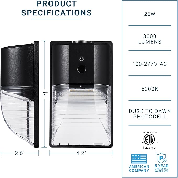 PARMIDA (2 Pack) Mini LED Wall Pack Light 26W Dusk to Dawn Photocell Sensor, 3000lm, 150W Equivalent, IP65 Waterproof, 5000K, ETL, 100-277VAC, Outdoor Wall-Mount Area Exterior Security Lighting, Black