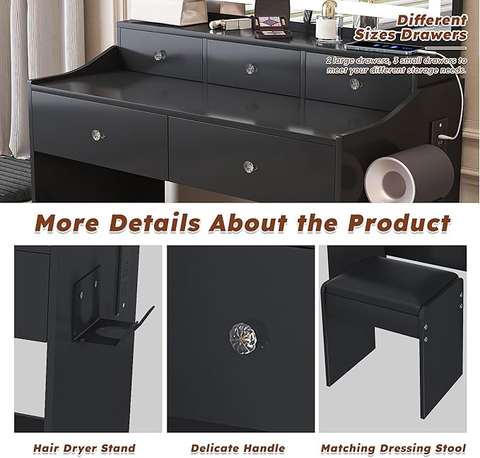 Ball & Cast Vanity Desk with Large Mirror & Power Outlet,3 Dimmable Colors Light Makeup Vanity Table Set with 5 Drawers & Chair,Adjustable Brightness Dressing Table for Women Girls Bedroom,Black