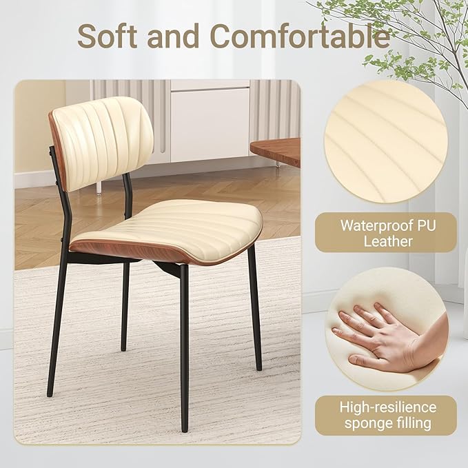 Mid Century Modern Dining Chairs Set of 4,Upholstered Faux Leather Kitchen Chairs with Walnut Bentwood Back and Metal Legs for Kitchen Dining Room Living Room, Beige