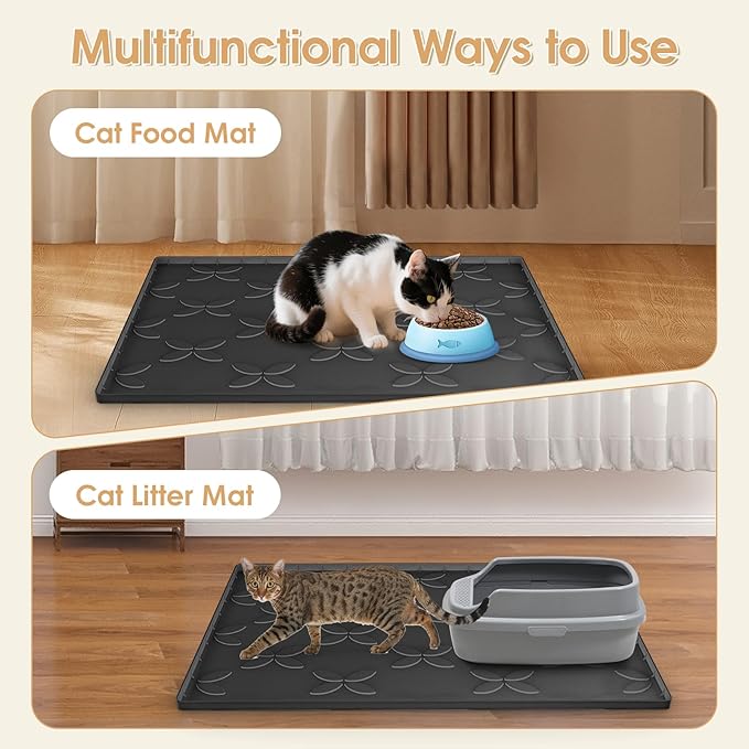 Cat Litter Mat, Large 34" x 22" Litter Box Mat, Waterproof Silicone Litter Mat for Litter Box, Non-Slip, Easy to Clean (Black)