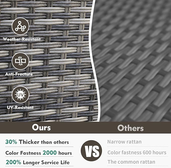 MEISSALIVVE Patio Furniture Sets, 6 Pieces Outdoor Rattan Furniture Conversation Sets with 2 Wood Armrests Swivel Rocker Chairs, 2 Ottoman, 3-Seat Sofa and Coffee Table(Grey)