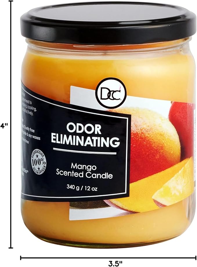 Mango Odor Eliminating Highly Fragranced Candle - Eliminates 95% of Pet, Smoke, Food, and Other Smells Quickly - Up to 80 Hour Burn time - 12 Ounce Premium Soy Blend