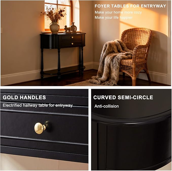 Black Entryway Table Narrow, Half Moon Console Table with Two Drawers, Solid Wood Mid Century Modern Console Table with Adjustable Legs for Living Room, Foyer, or Hallway