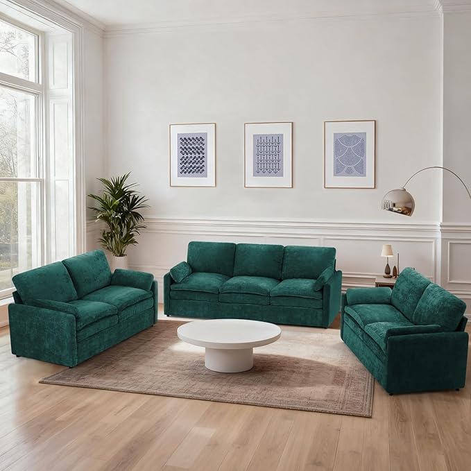3 Pieces Chenille Sofa Set w/Arm Pillows, Upholstered 2 Pieces Loveseat & 3 Seater Sofa w/Comfortable Back Cushions, Modern 2-Seat & 3-Seat w/High-Density Foam for Living Room, Teal