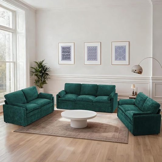 3 Pieces Chenille Sofa Set w/Arm Pillows, Upholstered 2 Pieces Loveseat & 3 Seater Sofa w/Comfortable Back Cushions, Modern 2-Seat & 3-Seat w/High-Density Foam for Living Room, Teal