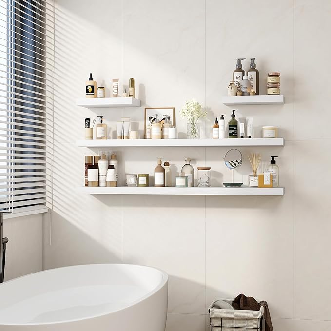 Fun Memories 55 Inch Floating Shelves for Wall, Fireplace Mantel Shelf with Invisible Heavy Duty Bracket, 8 Inch Deep Storage Shelf for Living Room, Kitchen, Farmhouse, White (2-Pack)