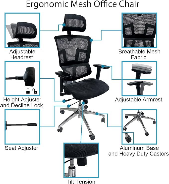 ErgoMax 53 in Tall Black Ergonomic Adjustable Office Chair w/Aluminum Back and Base, Ergonomic Chair with Headrest and Lumbar Support