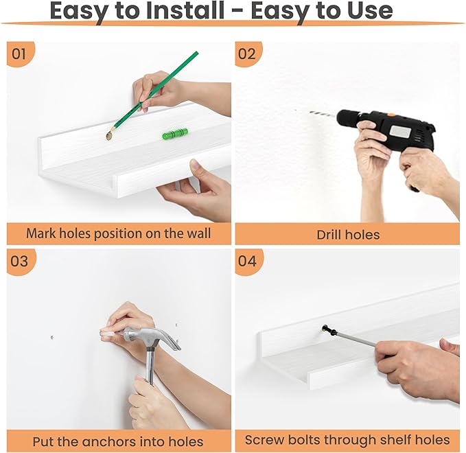 upsimples Floating Shelves for Wall, 47.3 Inch Shelves for Decor Storage Set of 6, Wall Mounted Wood Shelf for Bedroom, Living Room, Bathroom, Kitchen, Long Picture Ledge Shelves, White