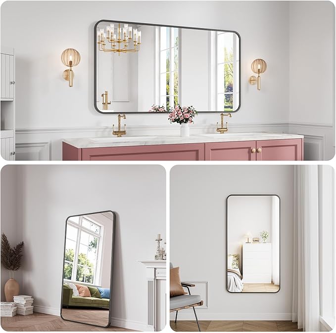 Koonmi Bathroom Mirror, 30X55 Inch Black Metal Framed Mirror for Bathroom, Tempered Glass, Anti-Rust, Rounded Rectangle Mirror for Restroom, Bedroom, Black