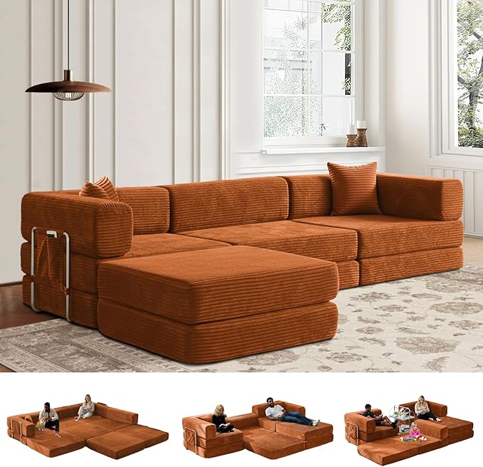 Folding Sofa Bed Convertable Corduroy Couch King Size Floor Sleeper 4-in-1 DIY Combination Modular Sofa Fold Out Futon Lounge Comfy Foldable Lazy cama for Living Room (Orange)