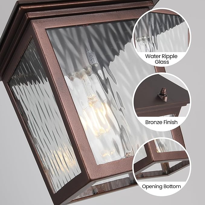 Outdoor Pendant Light, Brown Outdoor Porch Light fixtures with Anti-Rust, Coffee Exterior Hanging Lantern, Height Adjustable Outside Chandelier with Water Glass for House Patio Garage