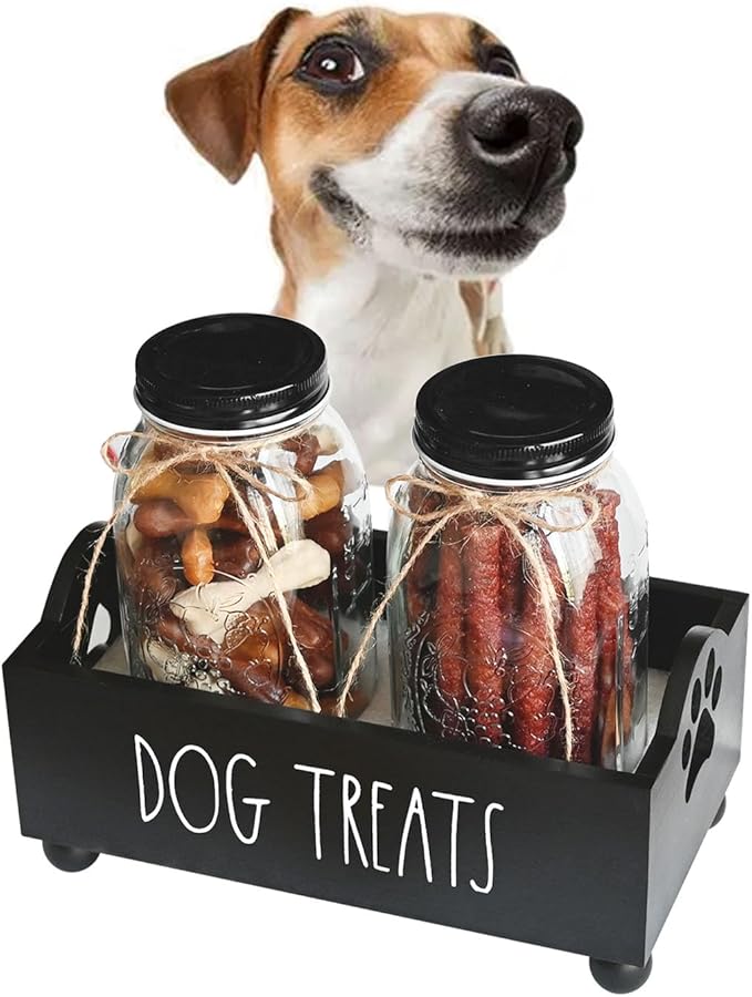 Dog Treat Container, Pet Treat Holder with Glass Jars, Farmhouse Dog Food Storage Organizer, Airtight Dog Treat Bin, Cat Dog Biscuit Dispenser, Pet Accessories (Black - 2 Glass Jars)