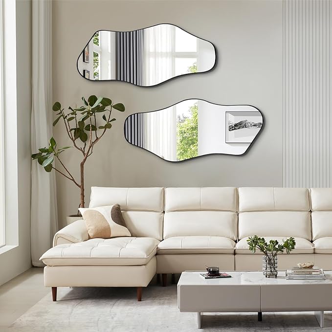 Irregular Wall Mirror, Asymmetrical Mirrors with Metal Frame, 40"x18" Cloud Shaped Mirror Decorative, Modern Abstract Mirrors for Living Room Bathroom Bedroom Hallway Entryway Fireplace