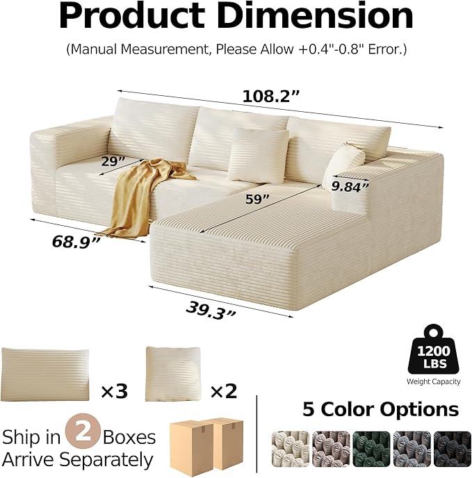 108'' Modular Sectional L-Shaped with Chair,Deep Seat Boneless Corner Couch for Living Room,Plush Corduroy Couch with Detachable Sofa Set,No Assembly(Right Facing Chaise，Beige)