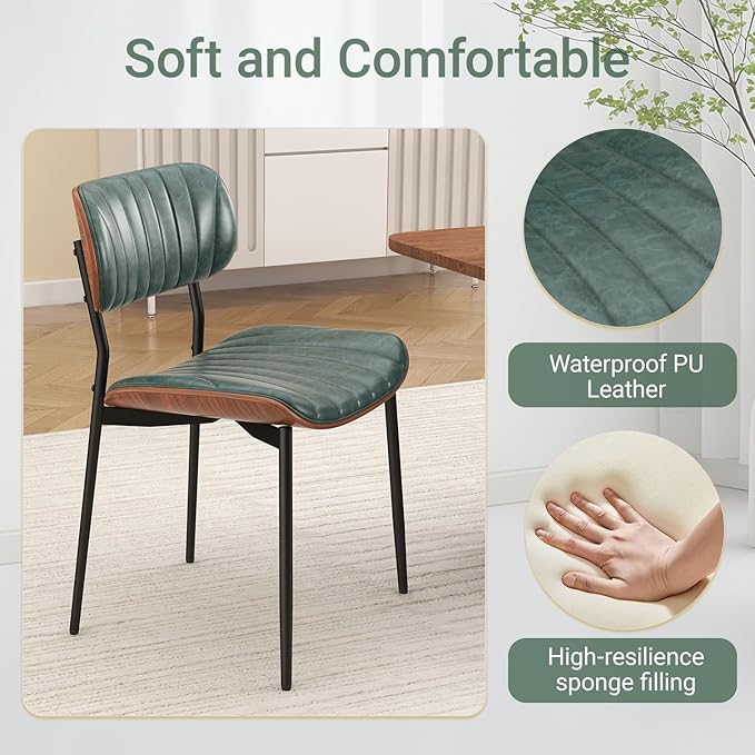 Mid Century Modern Dining Chairs Set of 6,Upholstered Faux Leather Kitchen Chairs with Walnut Bentwood Back and Metal Legs for Kitchen Dining Room Living Room, Green