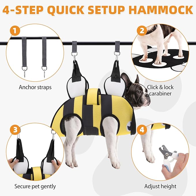 Dog Grooming Hammock for Small Dogs Cats, Cute Bee Design Dog Hanging Harness for Nail Trimming/Clipping, Pet Sling with Grooming Kit and Thick Neck Support & Strap Restraint Claw Care, M