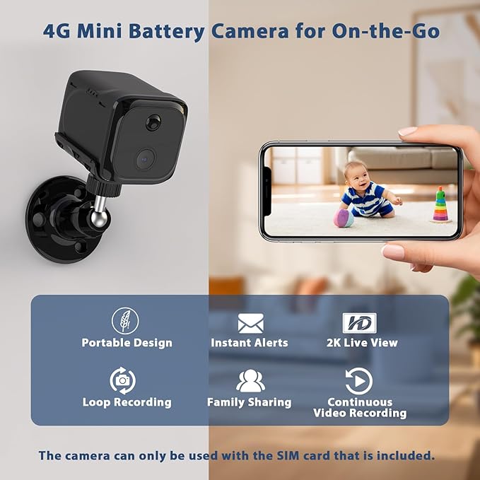 No WiFi Security Camera, Cellular Security Camera Indoor, 4G LTE Surveillance Cam for Home, Not Support WiFi, Smart Human Detection, 20 Day Standby Battery Life, Auto Night Vision, Built-in SIM Card