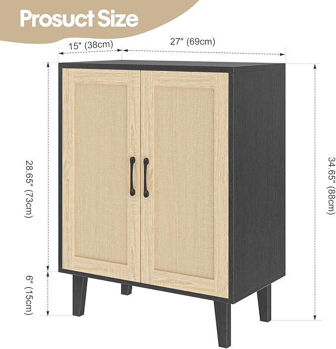 Panana Buffet Cabinet Sideboard with Rattan Decorated Doors Kitchen Storage Cupboard Accent Cabinet (Black)