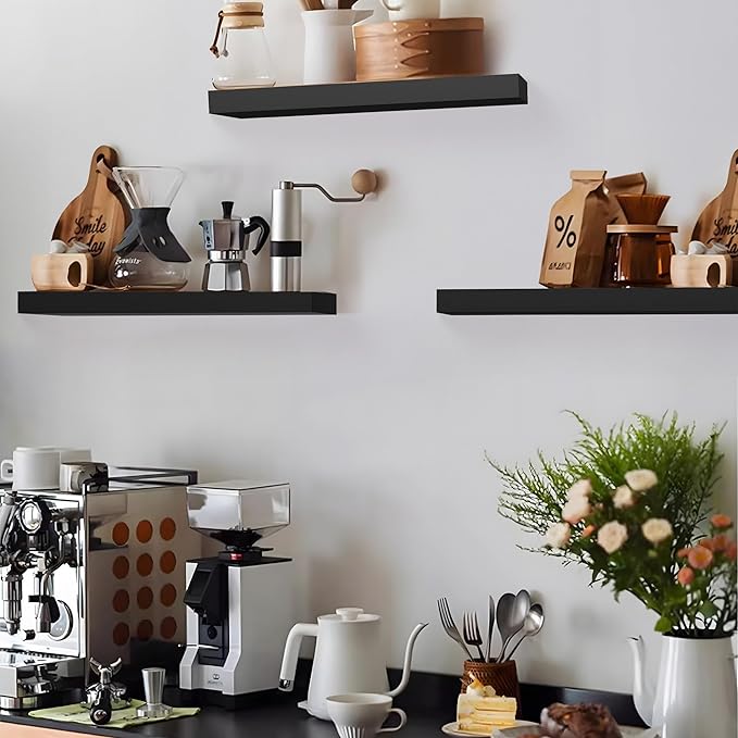 Colima Floating Shelves for Wall, Rustic Wood Wall Mounted Shelves for Bathroom, Toilet, Bedroom, Living Room, Kitchen, Office, Hanging Shelf for Books, Storage, Room Decor, Black, 24in, Set of 3