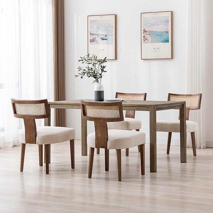 Rattan Dining Chairs Set of 4, Mid Century Modern Dining Chair Upholstered Linen Fabric Kitchen Side Chair, Modern Kitchen Armless Solid Wood Dining Chairs, Beige