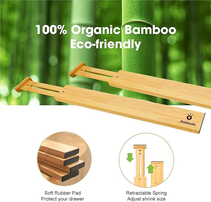 ANTOWIN Bamboo Drawer Dividers Organizers, Drawer Separators Splitter,13-17 inches Long Adjustable Spring-loaded Organizer for Large Utensil, Clothes, Tools Drawers (4+3)