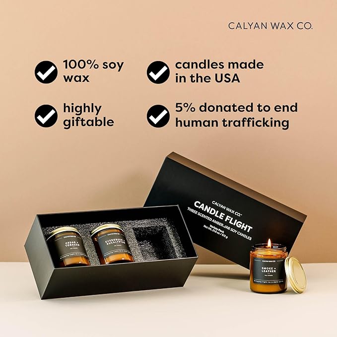 Calyan Wax Co. Masculine Scented Candle Gift Set - 3 Scented Candles - 57 Hour Burn - Luxury Non Toxic Soy Wax Candles - Long Lasting Amber Glass Jar Candle for Home - 7.2oz