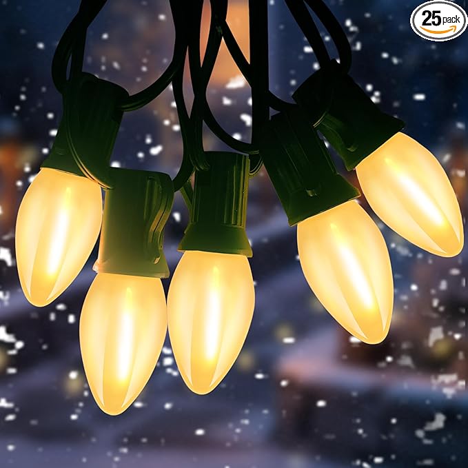 C7 LED Christmas Lights,25ft Frosted Christmas String Lights with 27 LED Frosted White Bulbs,Vintage Warm White Hanging Light for Outdoor Christmas Roofline Party Decorations