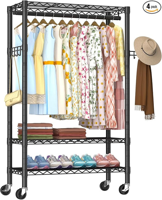 Heavy Duty Clothes Rack Rolling Garment Rack,3 Tier Adjustable Wire Shelving Clothing Racks for Hanging Clothes with Hanger Rod&Side Hooks,Freestanding Wardrobe Storage Rack Metal Portable Closet