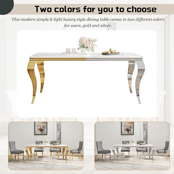 7-Piece Dining Table Set for 6, Faux Marble Dining Table Set with 70'' Marble Dinner Table and 6 Velvet Wing Back Chairs for Kitchen, Dining Room, Gray & Gold