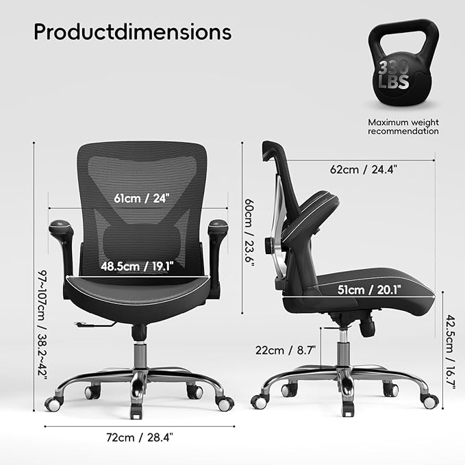 Office Home Ergonomic Desk Chair-Computer X-Shaped Chair Mesh PU Leather with Adjustable Lumbar Support-Executive Chair High Back Flip-Up Arms for Long Hours (Black-Silver-No Headrest)